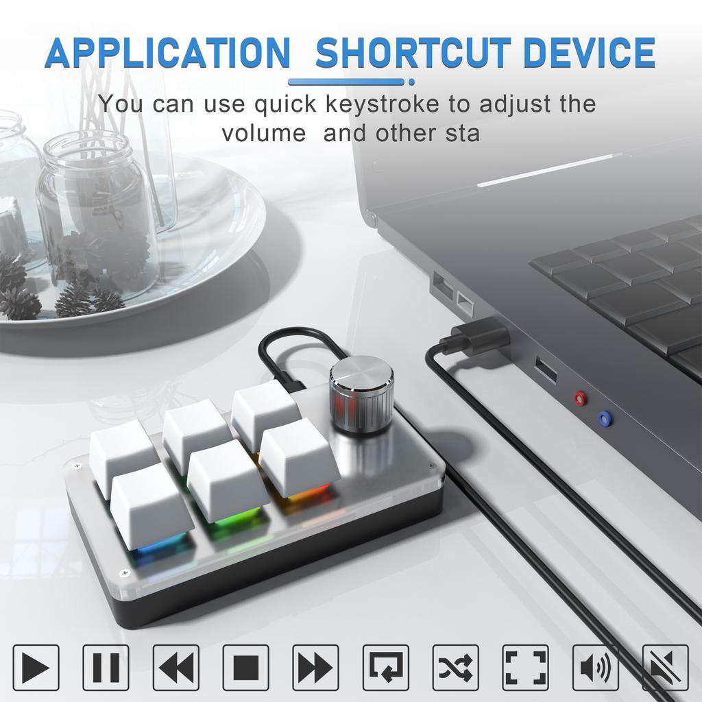 6 Keys 1 Knob Mini Keyboard Customize Copy and Paste Volume Adjustment Shortcut Keys Portable Mechanical Keyboard for Game PS