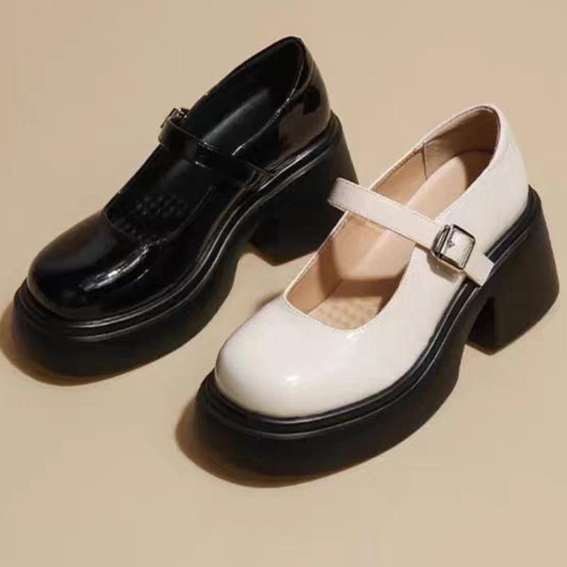 Light Man Home Mary Jane Women's Shoes New One-word Belt Platform Heel High Heels Leather British Style Small Leather Shoes