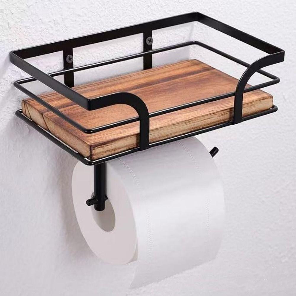 Wall Mounted Paper Towel Holder Wooden Paper Phone Holder Paper Storage Shelf  for Bathroom
