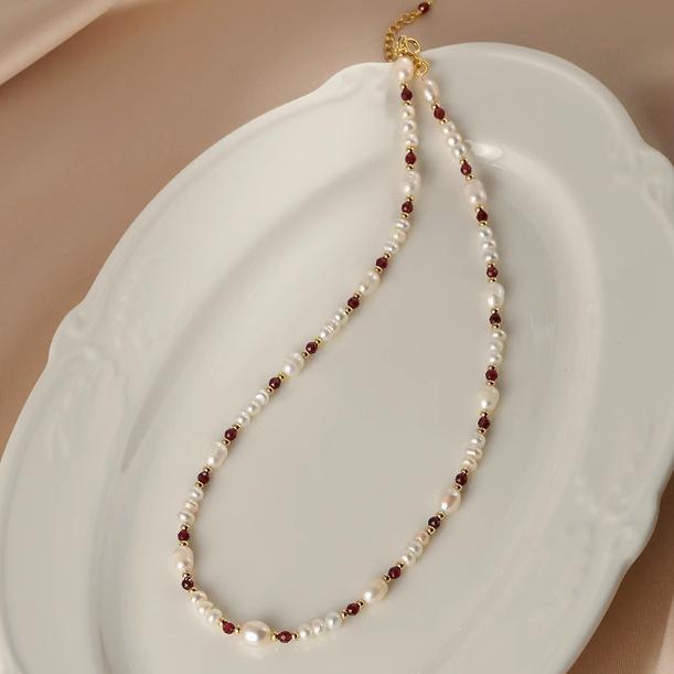 Natural Pearl Bracelet Necklace Set French Retro Temperament Garnet Bracelet Collarbone Chain Neck Chain