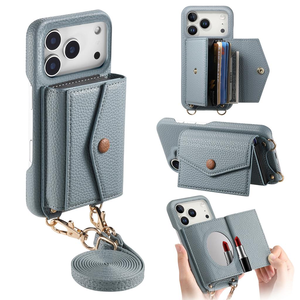 For iPhone 17 Pro Max Case Card Holder Kickstand PU Leather + PC Phone Cover with Mirror and Crossbody Lanyard