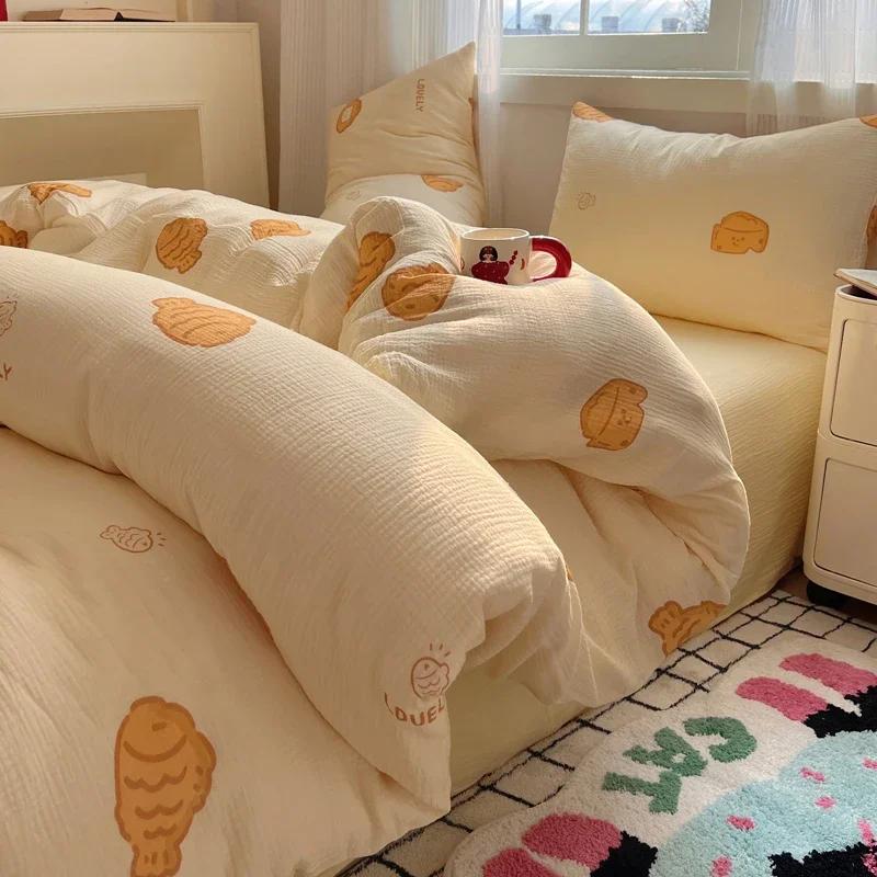 Cute Strawberry And Rabbit Duvet Cover Set Washed Cotton Linen Feel Super Soft Comfortable Chic 4Pcs Home Decor Bedding Set
