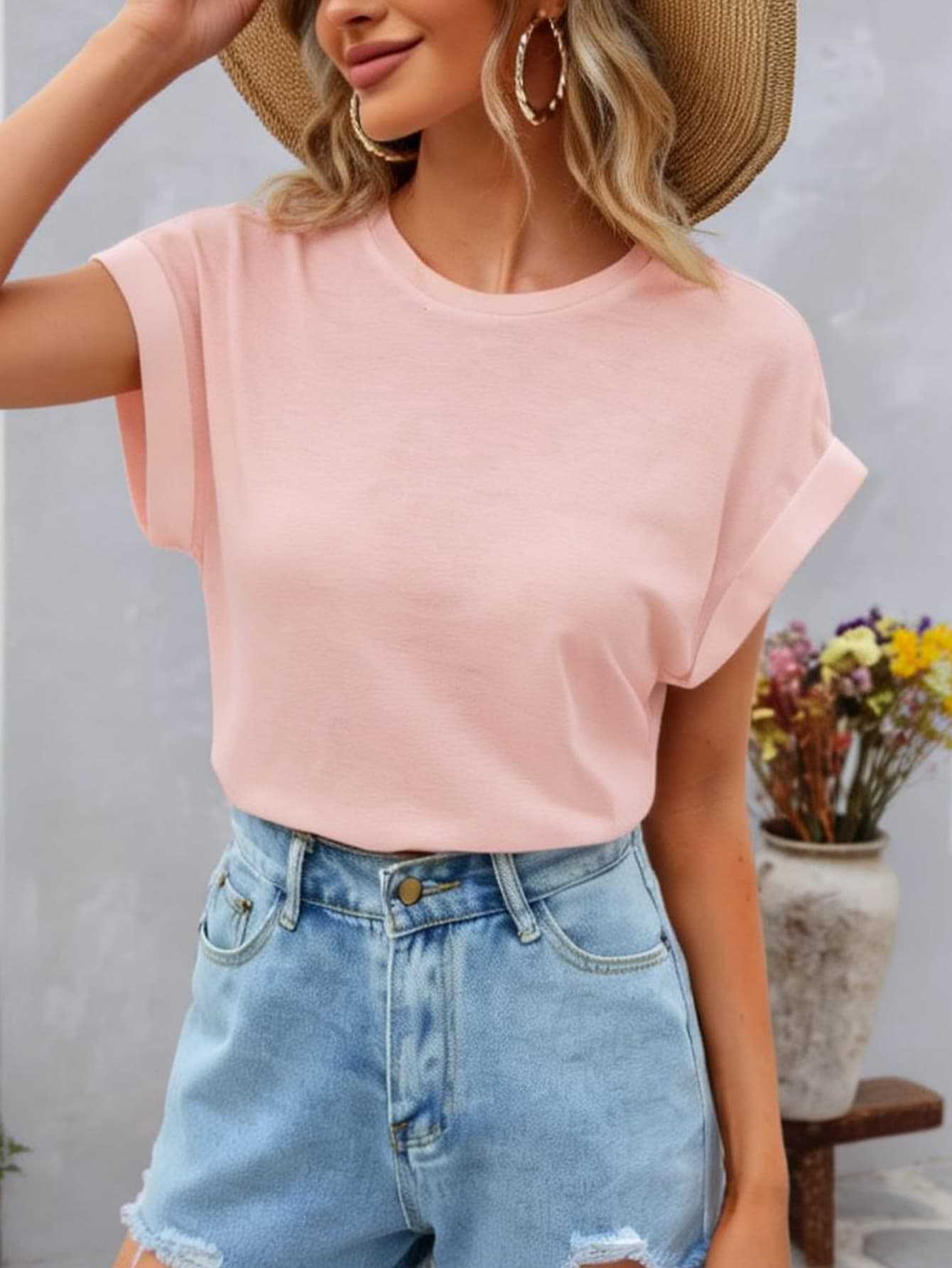 Foreign trade light pink simple loose shoulder short-sleeved T-shirt, direct supply of cross-border women s clothing in Europe and America XS розовый