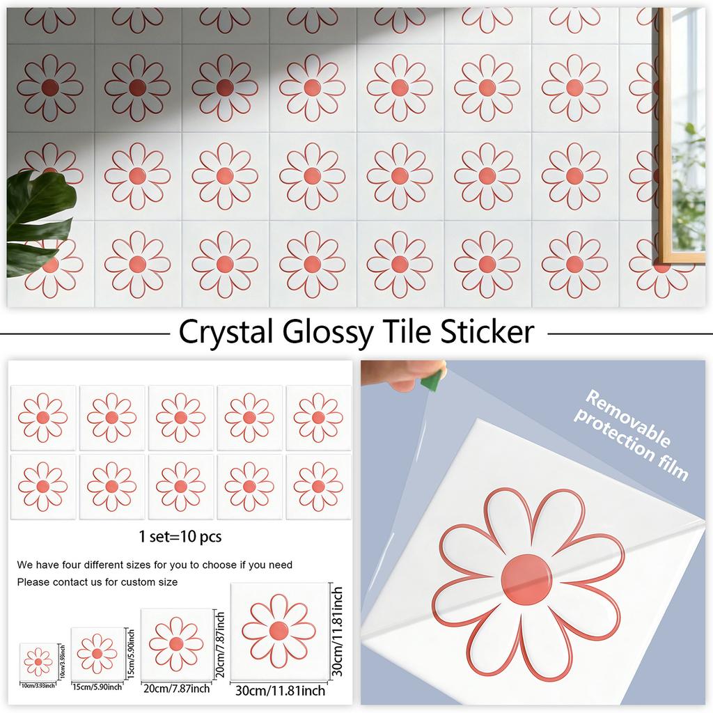 10Pcs Shiny Crystal Gloss Surface Little Daisy Tile Stickers Waterproof Peel and Stick Wall Decals Protective Film Kitchen Backsplash Bathroom