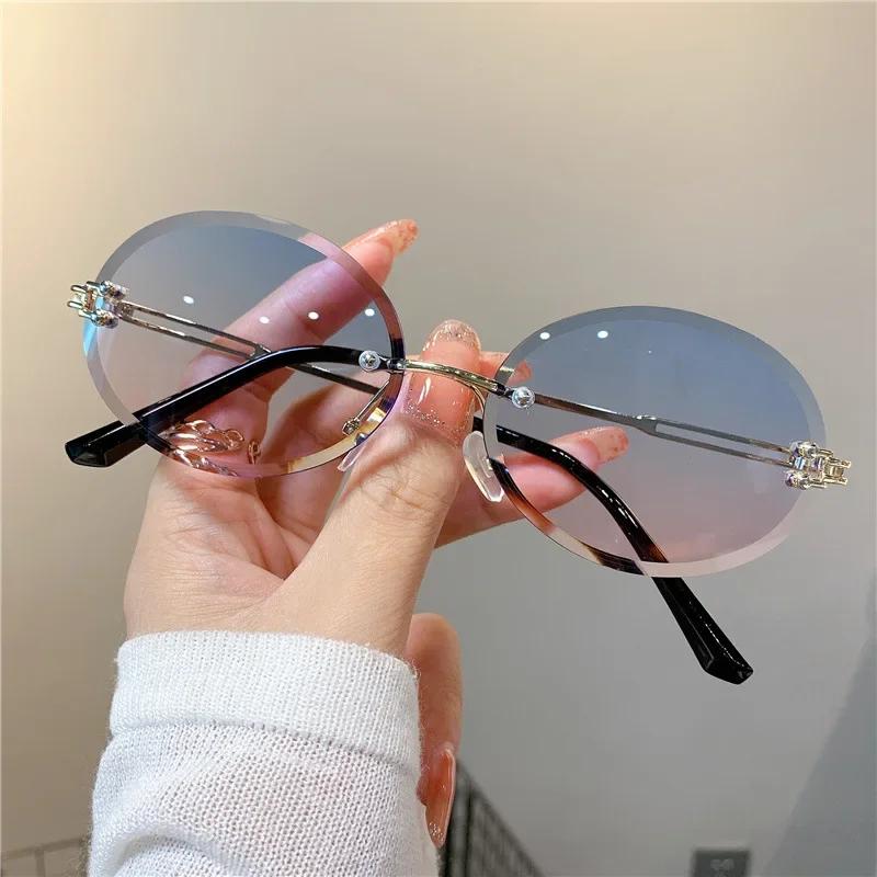 Fashion Female Luxury Design Gradient Sunglasses Women Trendy New Rimless Oval Shape Eyewear Men Outdoor Eye Protection Sun Glasses