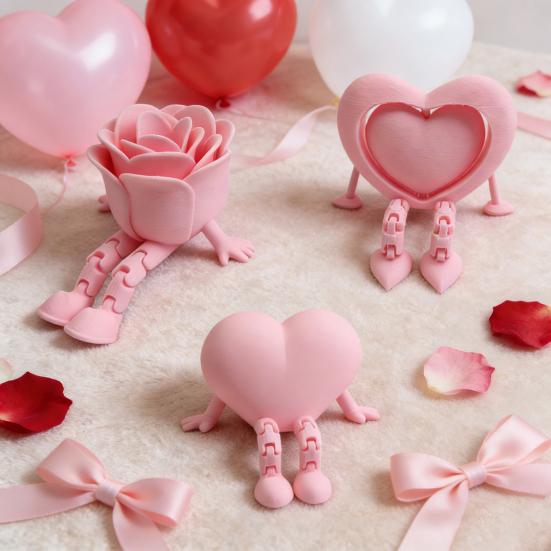 3 Pcs 3D Printed Valentine's Day Decoration Articulated Pink Heart Rose Figurine with Flexible Legs for Office Home Shelf Decor Lovers