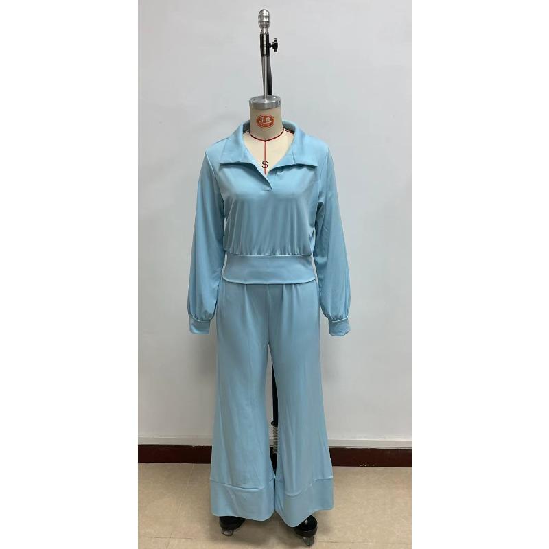 women's Solid Color Collared Long Sleeve Blouse High Waist Wide Leg Flare Pants 2 Piece Casual Tracksuit Set