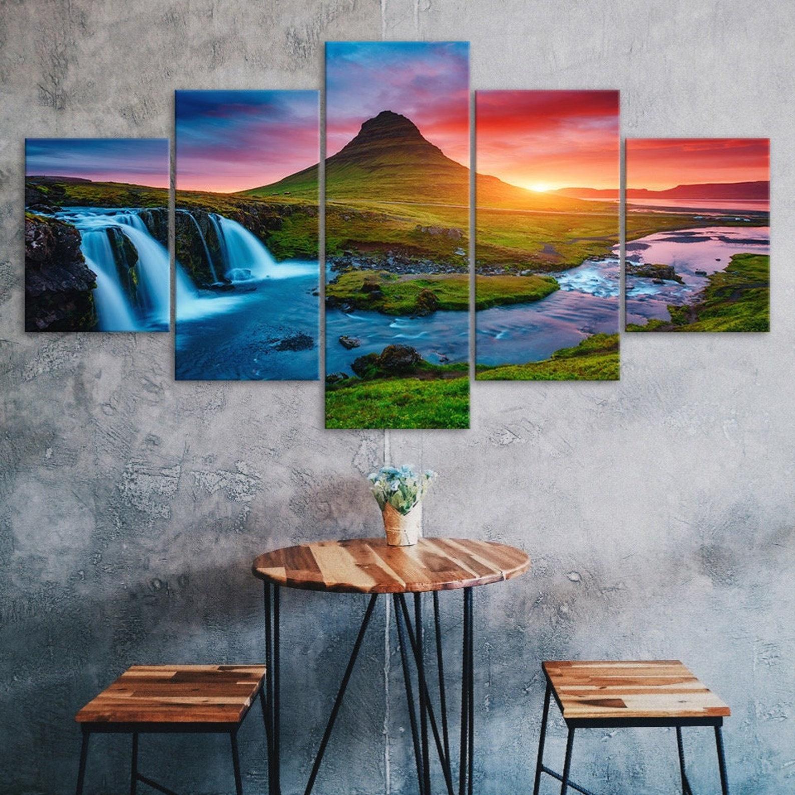 

Iceland Waterfall Sunset Canvas 5 Piece Five Panel Print Modern Wall Art Poster Picture Home Decor Gift For Him For Her 20X35 20X45 20X55CM
