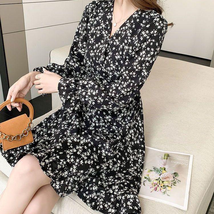 Elegant Chiffon V-Neck Long Sleeve Dress, Slimming Waist, Mid-Length Skirt, Women's Spring/Autumn 2026 New Arrival