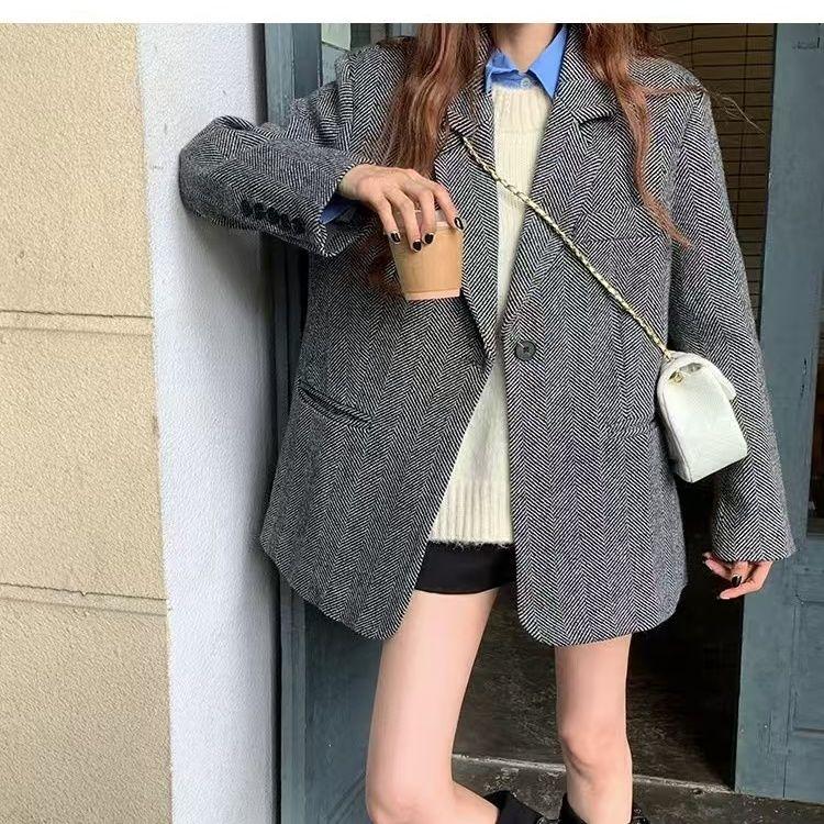 

Серое пальто из шерсти в елочку, свободного кроя, толстое, теплое, зимнее пальто, модная верхняя одежда для женщин, элегантное и уютное S серый