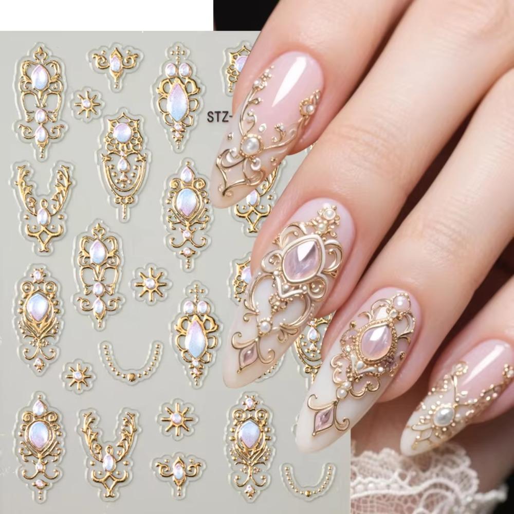 Luxurious 5D Nail Art Stickers Shiny Finish Retro Baroque Scepter Nail Art Decals Crown Necklace Palace Style Nail Decals