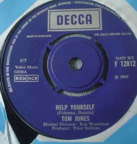 7inch Record TOM JONES - Help Yourself F12812 Decca 1968 UK Rock Used