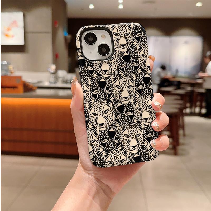 Abstract Safari Modern Leopard Face Animal Print Pattern Line Film Aesthetic Protective Shockproof Bumper Phone Case For iPhone 14 15 16 Pro Max Plus