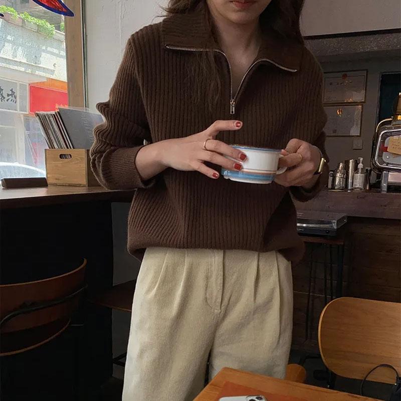 Knitted Sweaters Women Autumn Winter New Thicken Warm Zipper Jumpers Woman Casual Simple Solid Color Ribbed Pullovers