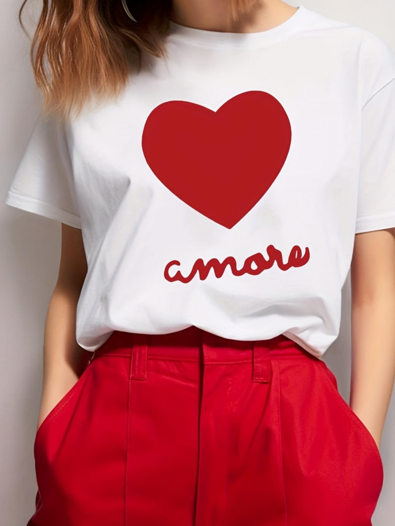 

футболка с принтом letters amore, короткий рукав, круглый вырез, повседневный топ для лета, весны, женская одежда S
