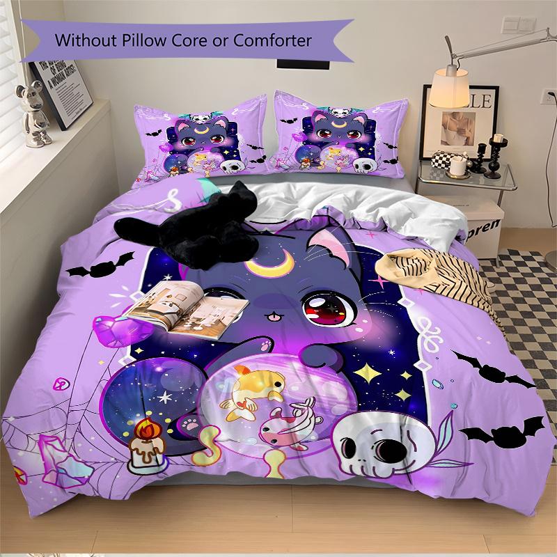3pcs Moon Goddess Cat Pattern Bedding Set, 1* Cover + 2*Pillowcases, Printed Bedding Set, Soft and ComfortableN068