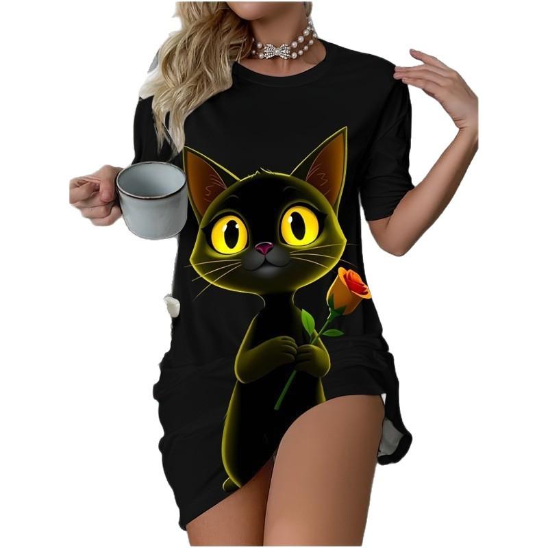 3D-Druck Kleid 2026 Damen Pyjama Katze Aufdruck Kurzarm Große Größe T-Shirt Ausgehen & Hauskleidung Damen Pyjama