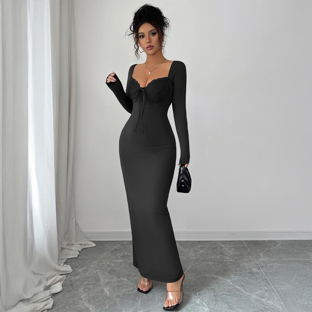 European American Elegant Solid Color Lace Hip Skirt Dress Women's Autumn Winter