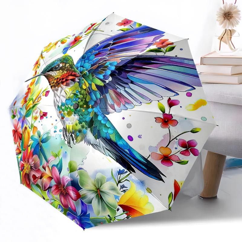 Colorful Hummingbird Flower Wreath Outdoor Automatic Umbrella Retractable Design with 8-Rib Durability Lightweight Perfect Gift for Friends Family