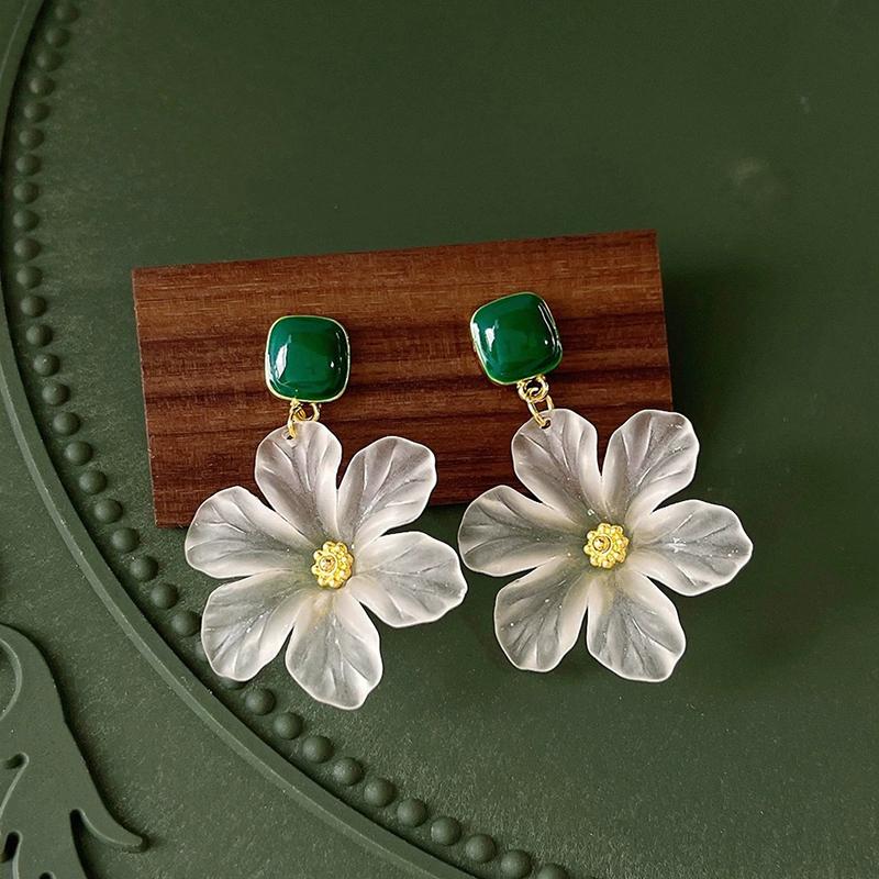 Acrylic Transparent Flower Earrings Elegant Stylish Design Forest Style Square Green Drop Glazed Earrings Women's Jewelry