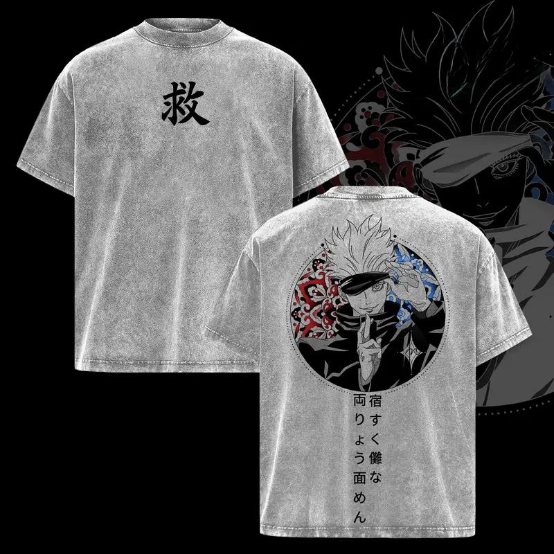 

Hot Anime Jujutsu Kaisen Gojo Satoru Graphic Tee Men Women Clothing Washed Cotton Tshirt Casual T-shirt Harajuku Vintage T Shirt XXL серый