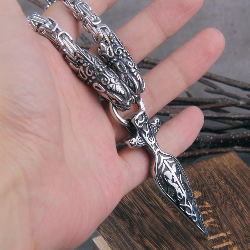 Stainless Steel Wolf Head Thor Hammer Mjolnir Viking Necklace Handmade Chain with Wooden Box Gift for Boyfriend