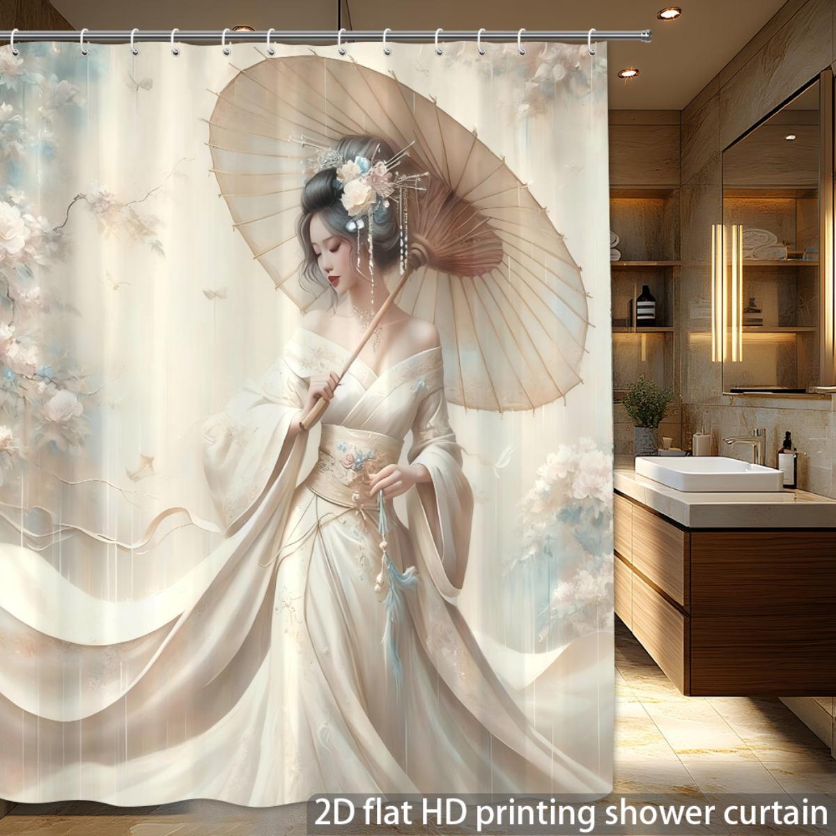 

Chinese Geisha Art Shower Curtain Elegant Woman with Umbrella Traditional Asian Style Bath Decor HD Printed Waterproof Bathroom 90x180CM