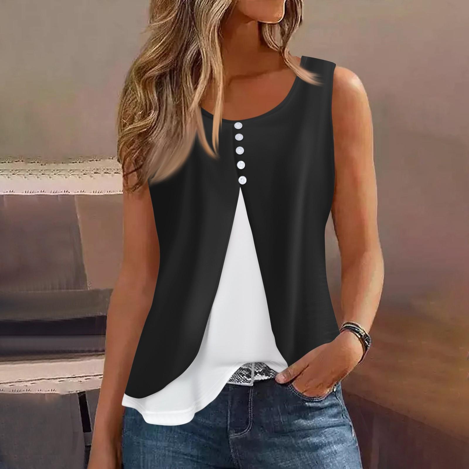 

Женская майка, повседневная модная блузка без рукавов с пуговицами и круглым вырезом, подходит для лета M чёрный