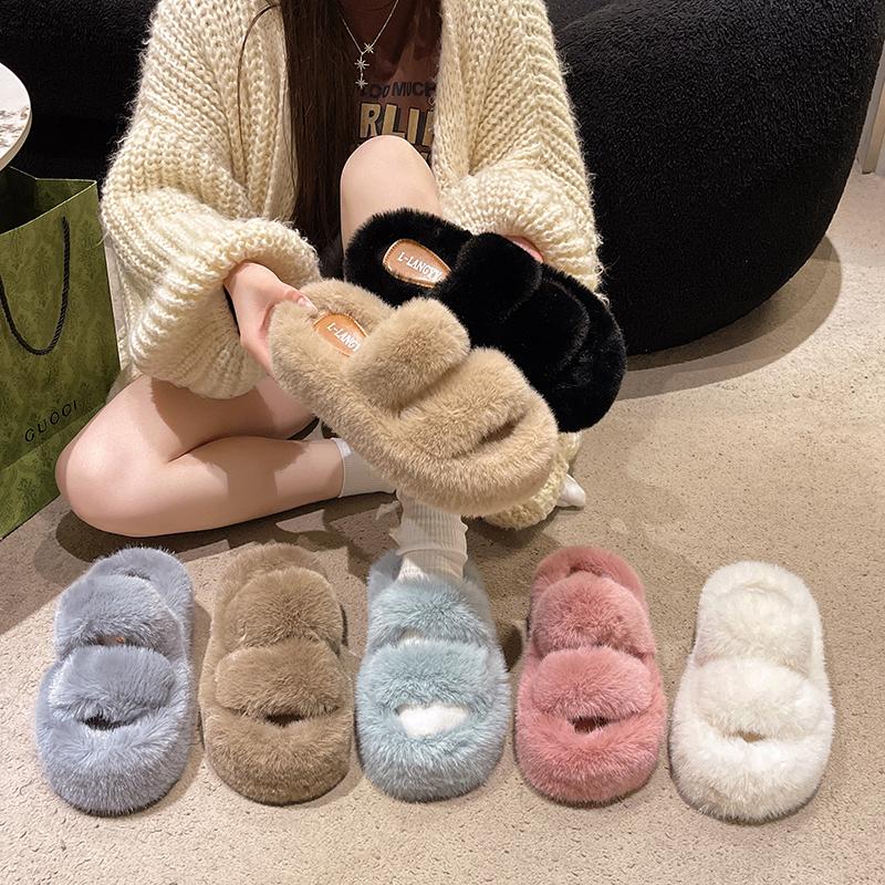 Woman Furry Ladies Fur Luxury Fluffy Plush Slipper House Soft Fuzzy Platform Indoor Casual Winter Home Warm High Heels Female