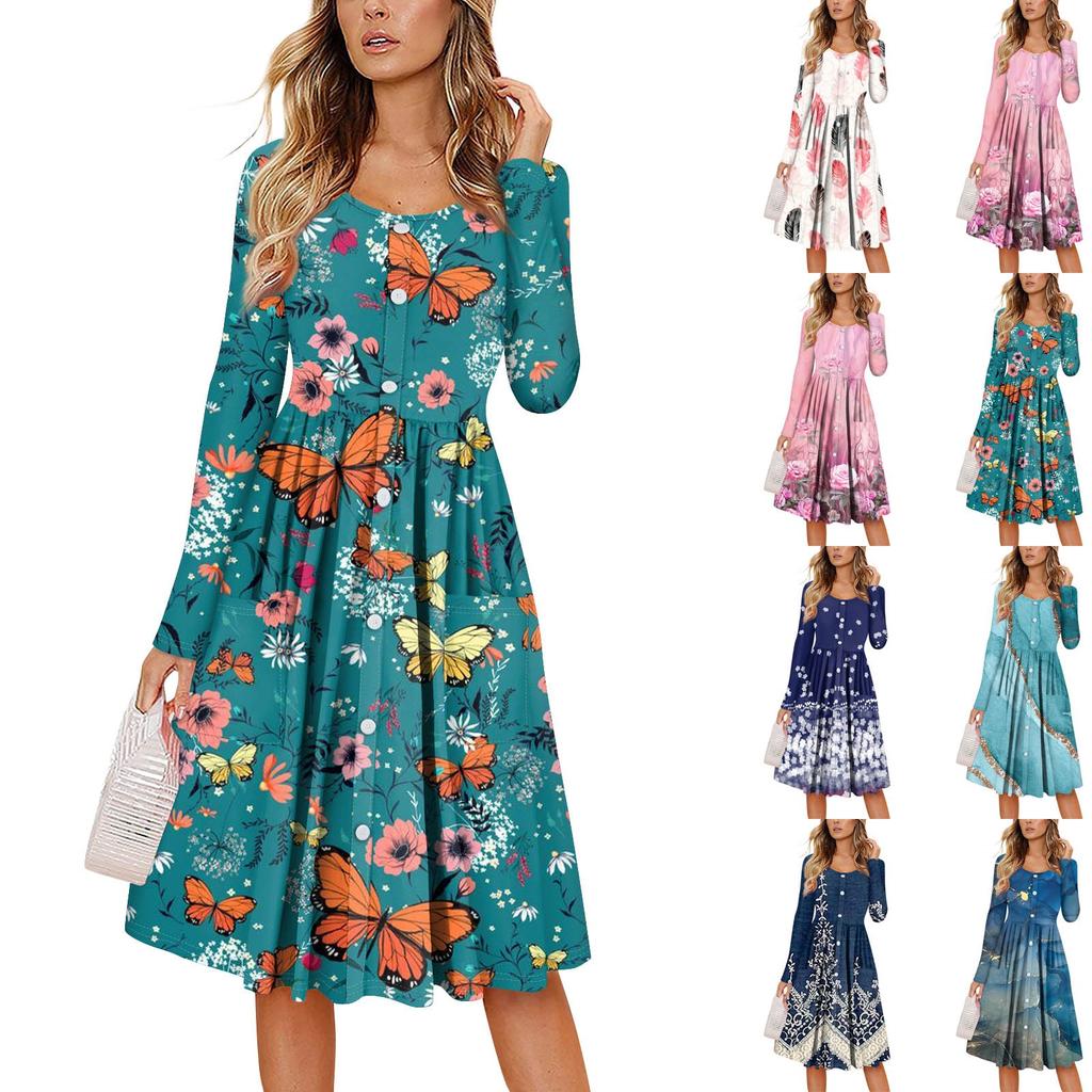 Women's Casual Fashion Sexy Comfortable Sundress Button Long Sleeves With Pockets Floral Print Dress
