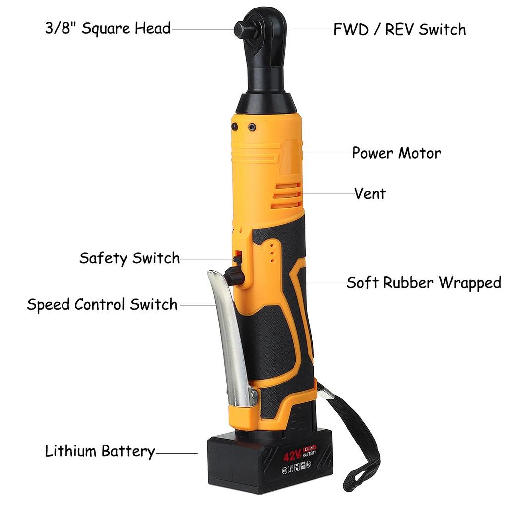 42V 200N.m chave elétrica sem fio catraca andaime chave de ângulo reto 3/8 com 2 baterias ferramenta elétrica recarregável