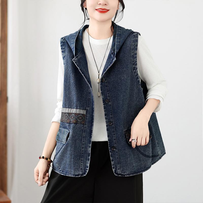 Plus Size Denim Hooded Vest Women Loose Short Waistcoat Casual Autumn Fashion