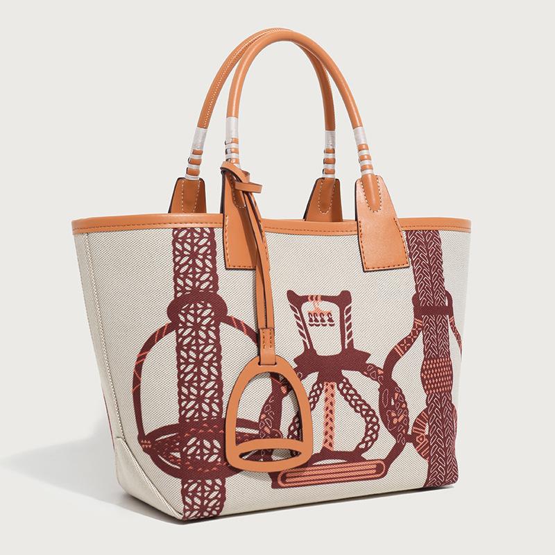 2025 New High-End Fashion Canvas Handbag for Women, Single-Shoulder Large-Capacity Patchwork Leather Versatile Commuting Tote Bag