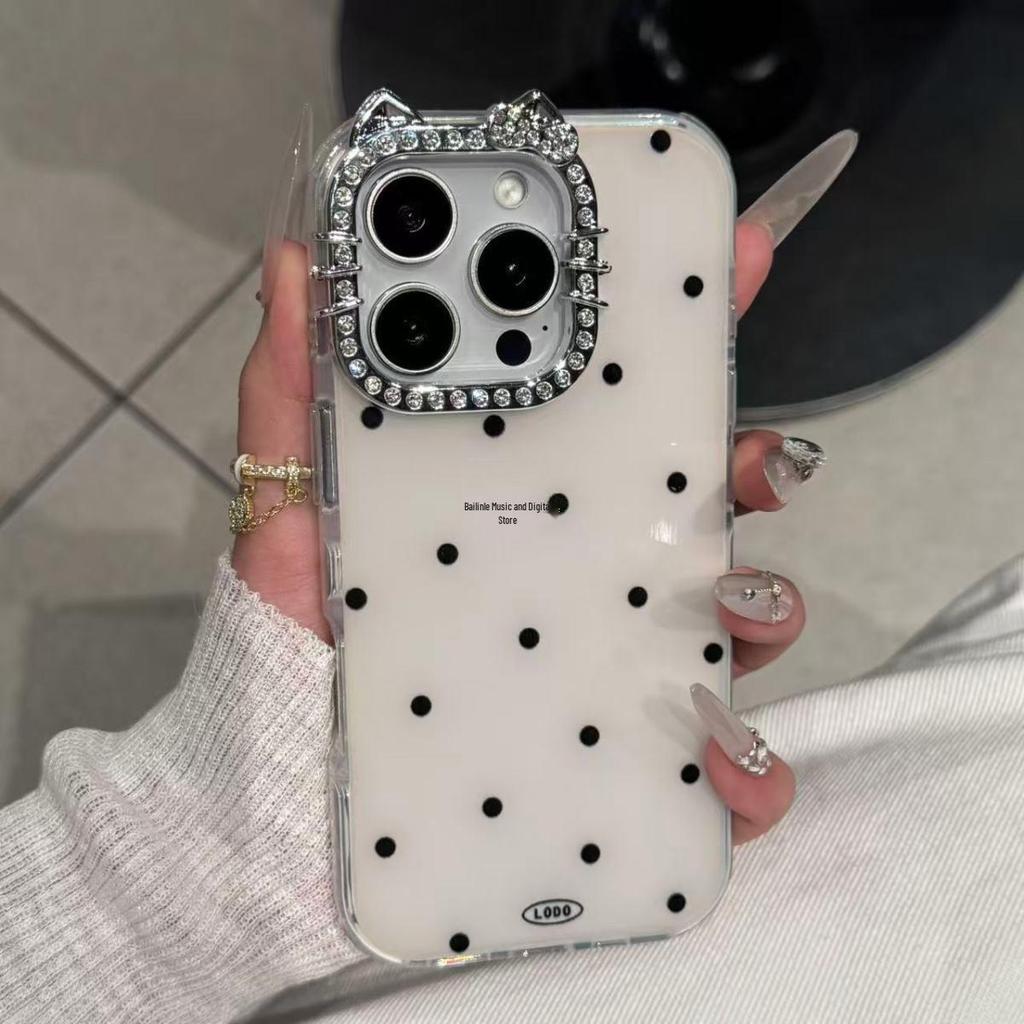 INS Style Full-Screen Polka Dot Cat Lens Case for iPhone 17/16 Pro Max - Simple Design for iPhone 15/13