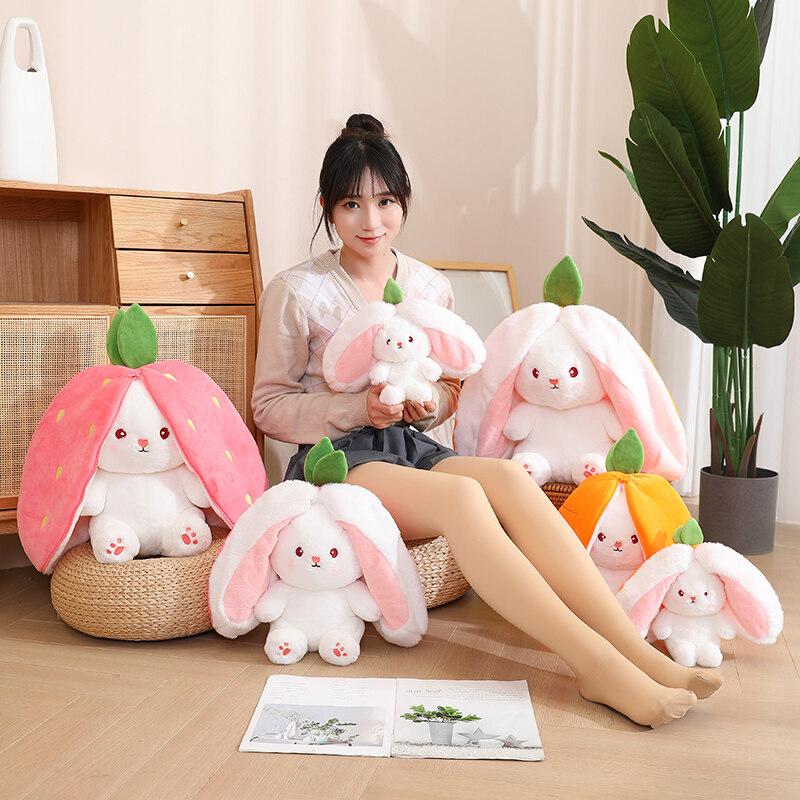 Anime Bunny Stuffed Animalreversible Carrot Strawberry Rabbit Plush Doll With Zipper Cute Soft Rabbit Toys Pillow Decoration