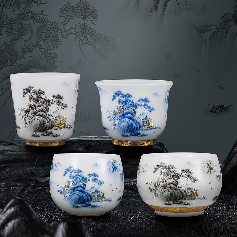 Plain Ice Jade Porcelain Tea Cup Set with Ink Painting - Perfect for Gifts