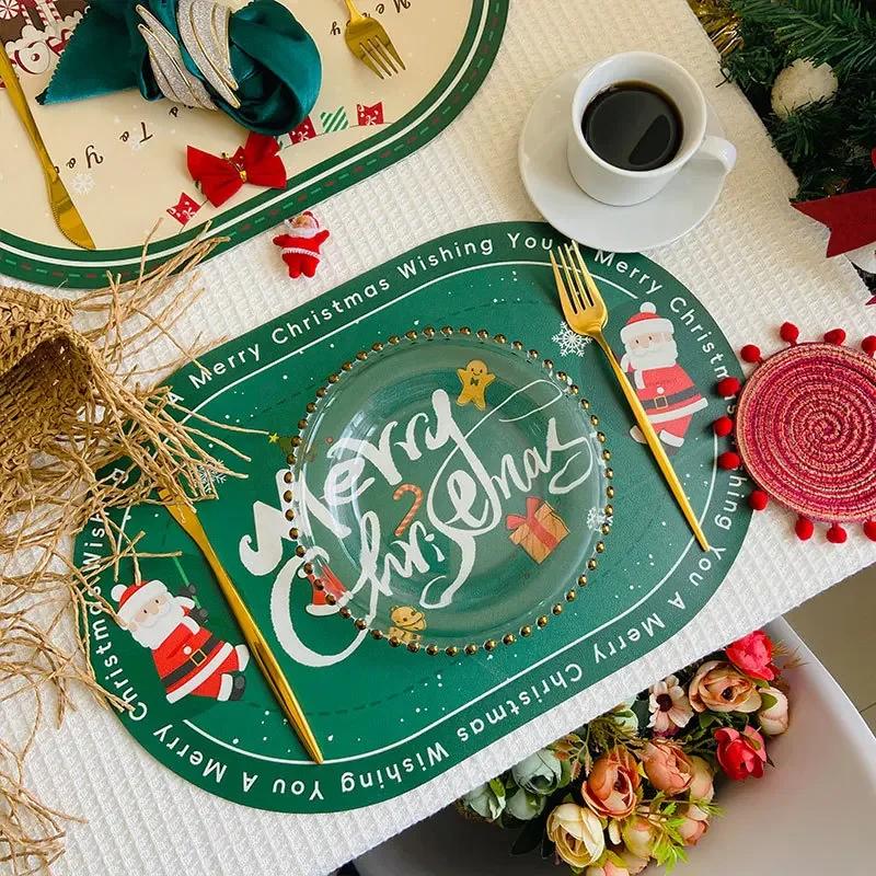 

Christmas Placemat Leather Tableware Bowl Pads Table Mats for Dining Table Decoration Accessories Kitchen Placemats Party Dinner As picture