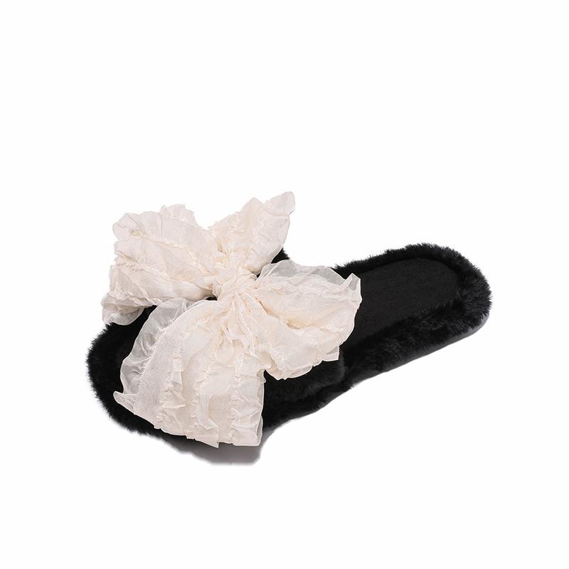 

Плюшевые тапочки с бантом Зимние с круглым носком Открытый носок Мягкая подошва Нескользящие Износостойкие Балетки 41 чёрный