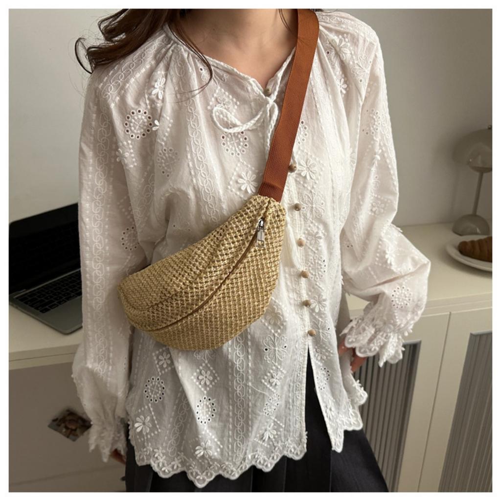 Women'S Stylish Woven Chest Bag - Light Brown, Crossbody Sling Phone Pouch with Zipper Closure, Versatile Waist Pack for Beach, Beach Bag