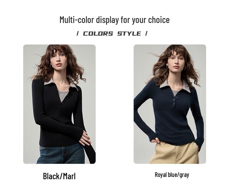 Dámské barevně blokované polo tričko Henley s dlouhým rukávem a úzkým střihem (Kolekce Podzim 2025)