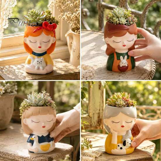 Decorative Resin Desktop Accessory Cute Head Planter, Succulent Little Girl Flower Pot, Human Plant Pot for Office Face Cactus Plants Container,