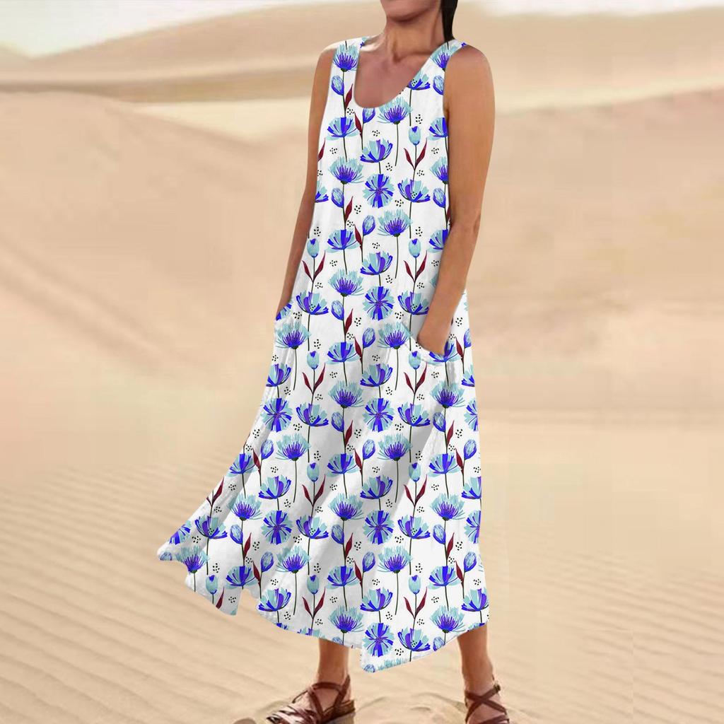 Γυναικείο Casual Άνετο Φόρεμα με φλοράλ στάμπα αμάνικο βαμβακερό τσεπάκι