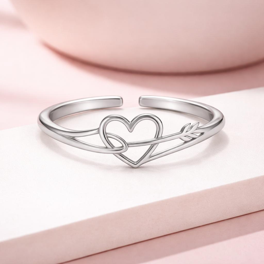 Arrow Heart Adjustable Open Ring – 925 Sterling Silver