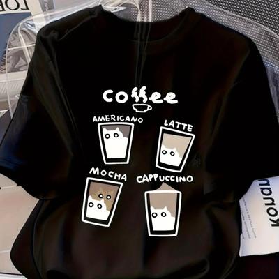 Cute Cat In The Cup Print T-Shirt Women Creativity Summer Round Neck Short Sleeve Street Oversized Casual Loose Tops Streetwear