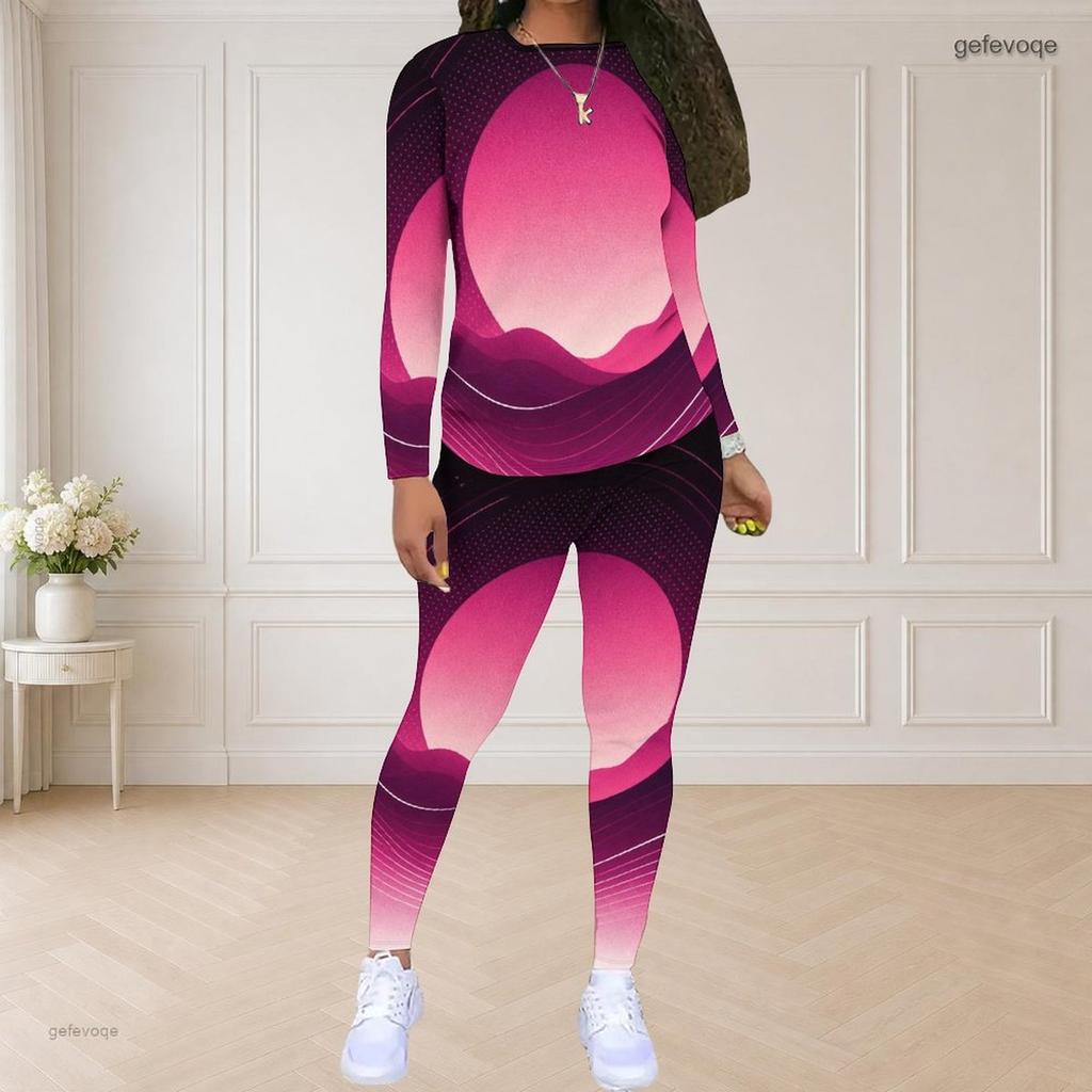 Women Plus Size Two Piece Set Round Neck Long Sleeve Printed Top And Fitted Pants Pink Purple Black