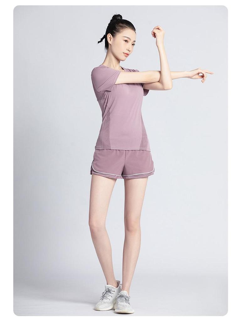 Women's Summer Yoga Outfit: Quick-Drying Short-Sleeve Top, Stretchy Mesh, Fashionable and Lightweight Fitness Wear for Morning Runs.