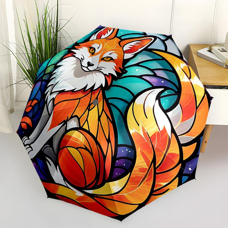 1 Stück Buntglas-Fuchs-Design Automatischer Faltregenschirm - Tragbares 3-fach faltbares Design mit 8-Speichen-Eisenrahmen, Outdoor, Ideales Geschenk für Fans, Reisende, Täglichen Gebrauch