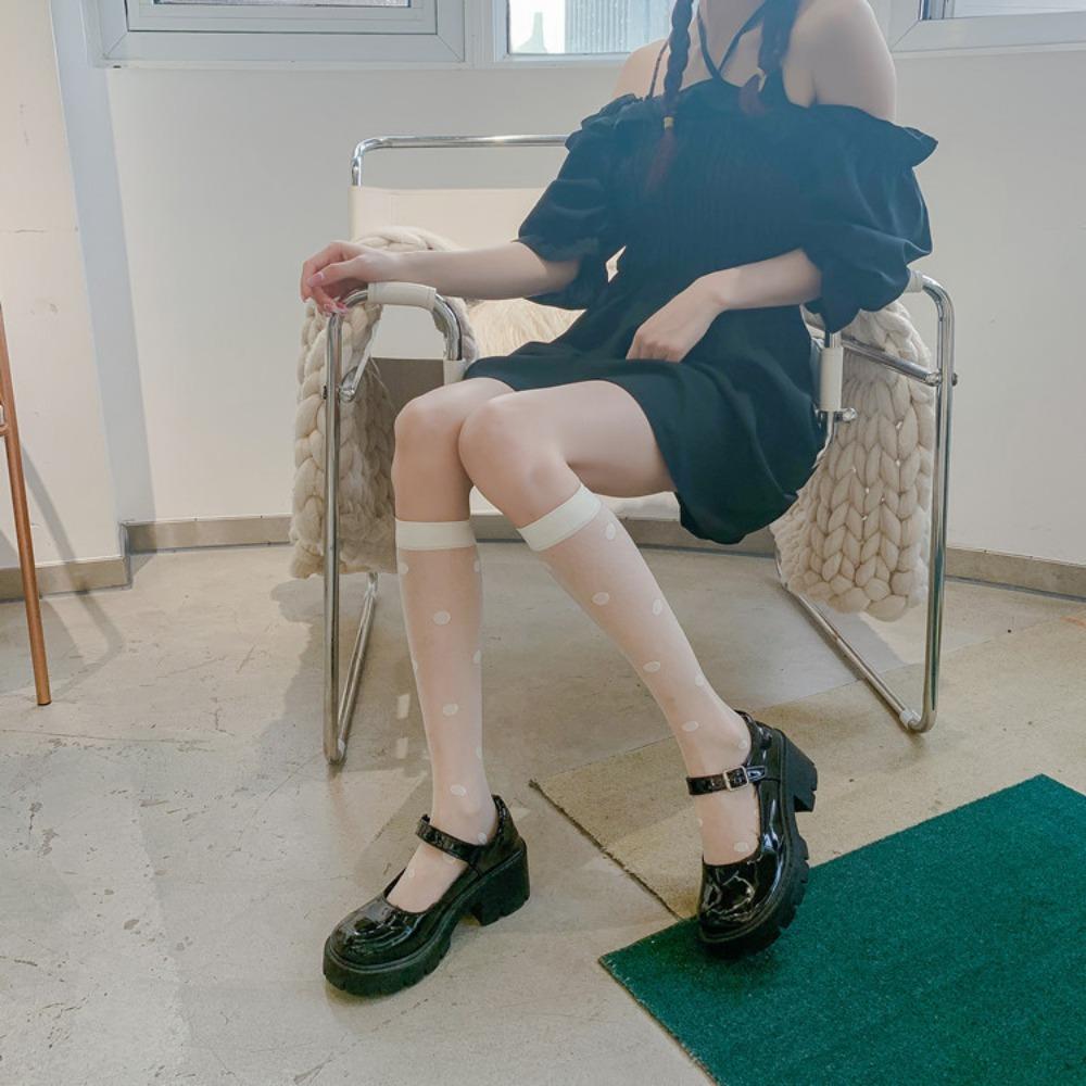 Spring Thin Ladies Black Jacquard Love Calf Socks, Japanese Jk Style Knee Socks Lolita Silk