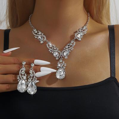 3pcs Women's Jewelry Set with Rhinestone Crystal Necklace Earrings, Bridal Wedding Accessories