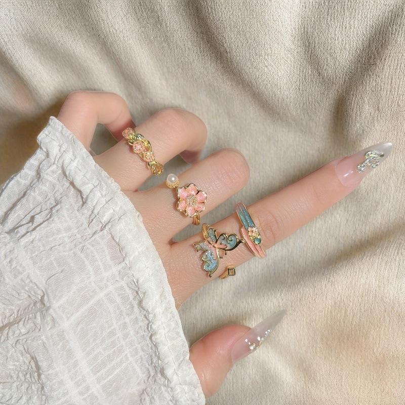 Gold Enamel Oil Drop Butterfly Open Ring Niche Design Flower Color Personality Ring Female